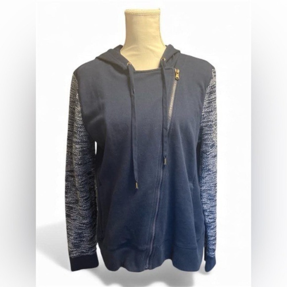 Chaps Denim Women Navy Blue Full Zip Hooded Jacket Mixed Media Sleeves‎ Size L